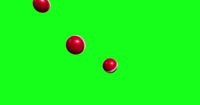 Dynamic red cricket balls fall and bounce against a bright green screen. This versatile chroma key element enhances sports content and visual effects seamlessly.