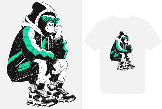 Cool ape gorilla in hoodie and sunglasses streetwear t-shirt design