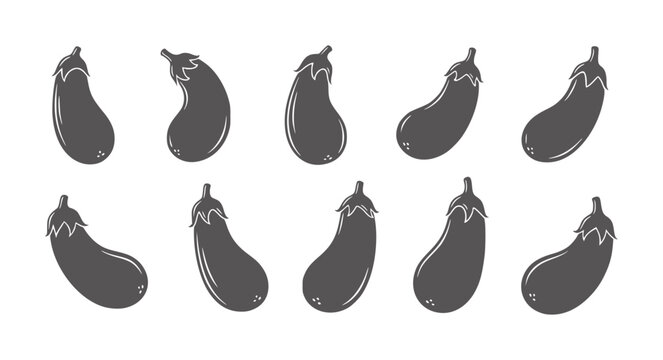 Ten dark gray eggplant silhouettes arranged in two rows a white aubergine vegetable