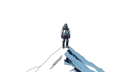 Lone climber stands triumphantly on a snowy mountain peak. © Fahmii