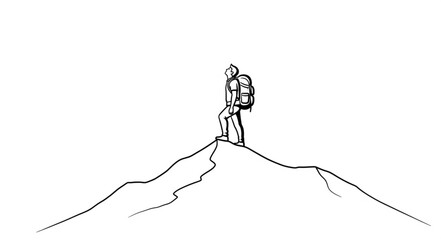 Lone hiker stands on mountain peak with backpack. © Fahmii