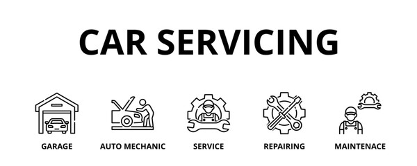 Fototapeta premium Car servicing banner web icon vector illustration concept with icon of garage, auto mechanic, service, repairing and maintenace 