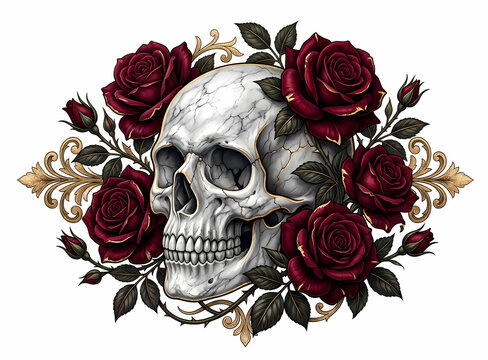 Side Profile Skull with Luxury Golden Ornaments and Dark Red Roses Illustration
