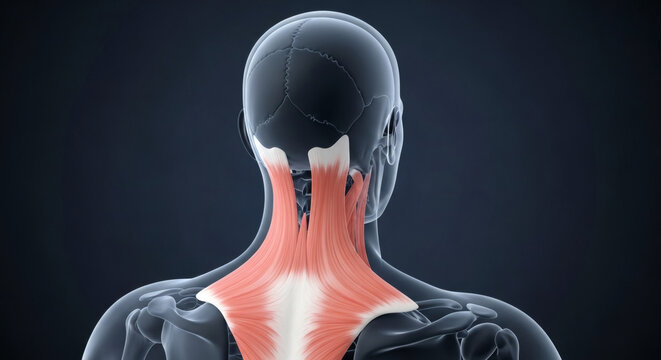 Anatomical illustration of human neck and trapezius muscles