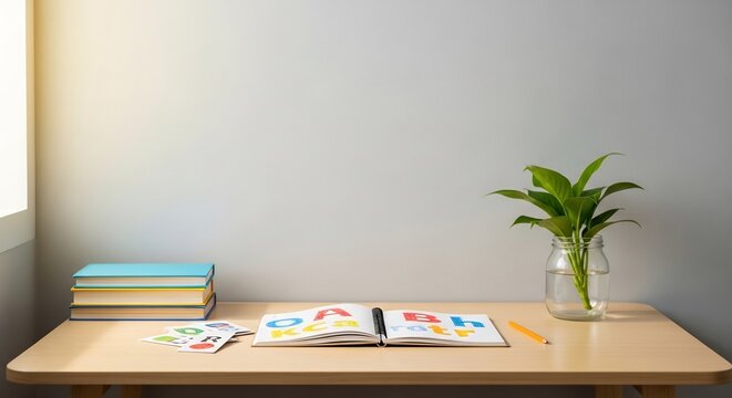 Minimalist Desk Setup with Open Book and Plant.