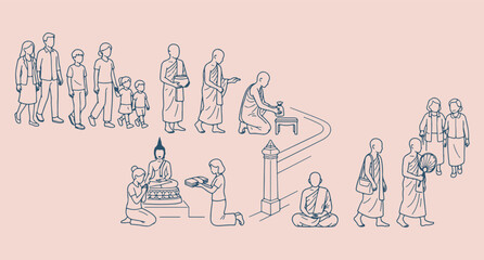 Obraz premium monks receiving alms in a community, monoline vector scene, spiritual and cultural tradition, giving and generosity, mindful practice illustration, clean minimalist design, heritage concept