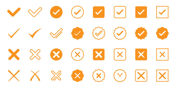 Check mark icons. Green check mark icon and red cross icon sheet. green tick and red x. Symbols of approval and Decline, outline and fill vector illustration. yes and no buttons. do and don't button.