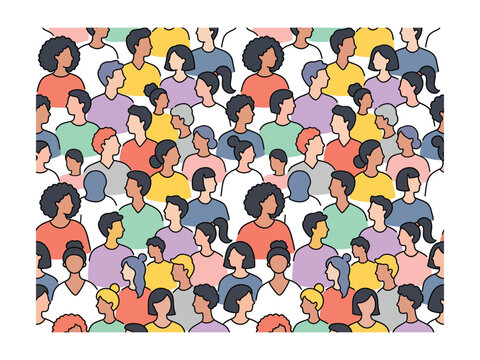 Colorful diverse crowd of people illustration with various ethnicities and hairstyles facing different directions