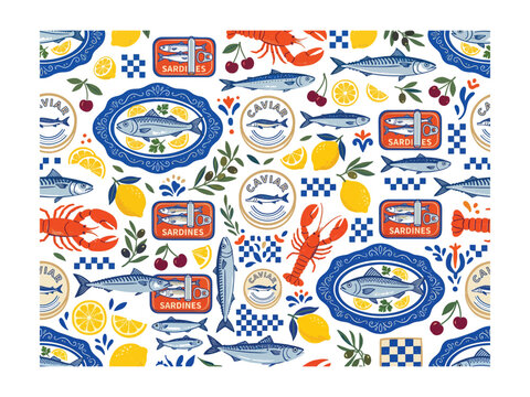 Colorful seafood pattern with fish lobster lemons and sardine cans on white background