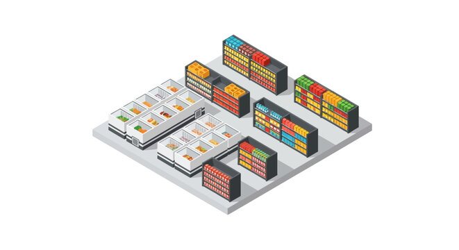 An isometric view of a modern grocery store interior with various product shelves