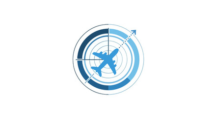A blue airplane icon is centered inside a circular radar tracking display screen © fatonah
