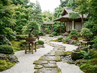 Fototapeta premium Serene Japanese Garden Pathway with Elegant Stone Walkway and Lush Greenery