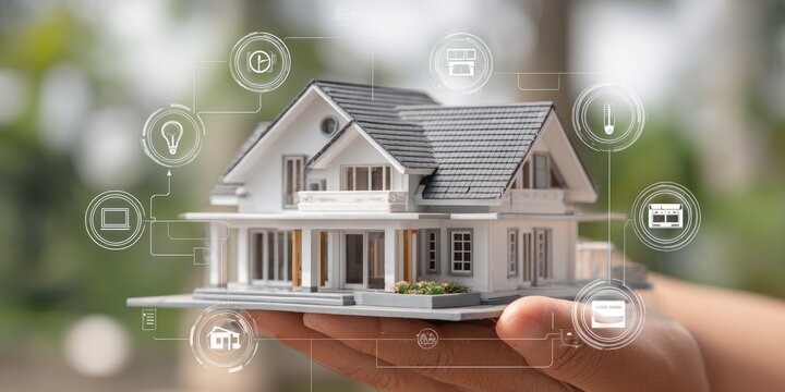 A hand holds a model house with smart home icons