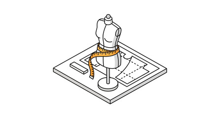 A tailor mannequin stands on a table with a measuring tape and sewing patterns © samuel