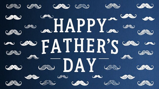 Happy fathers day greeting card featuring white hand drawn mustache icons on a blue textured background