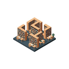 An isometric view of a modern library interior with wooden bookshelves and study desks © samuel