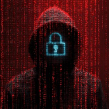Anonymous hooded figure with glowing lock symbol against digital rain