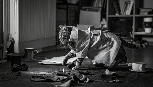 Tabby Cat Detective in Trench Coat Investigating Missing Socks in Grayscale Scene