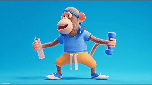 A cheerful cartoon monkey wearing athletic clothing and headphones, holding dumbbells and a water bottle for a workout
