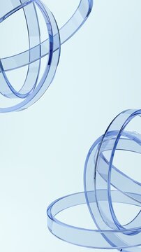 Abstract transparent blue glass ribbons on soft pastel background, minimal futuristic 3D render vertical wallpaper with copy space.  Futuristic translucent shapes create elegant fluid motion. 
