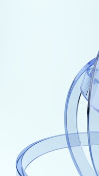 Abstract transparent blue glass ribbons on soft pastel background, minimal futuristic 3D render vertical wallpaper with copy space.  Futuristic translucent shapes create elegant fluid motion. 