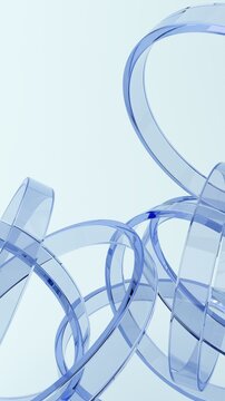 Abstract transparent blue glass ribbons on soft pastel background, minimal futuristic 3D render vertical wallpaper with copy space.  Futuristic translucent shapes create elegant fluid motion. 