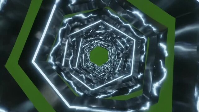 Sci-fi hexagonal corridor with glowing white neon edges and flickering blue plasma light effects moving through a dark textured tunnel on a green screen.