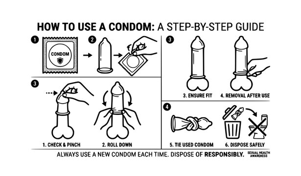 Black and white condom usage instruction vector illustration set for sexual health education
