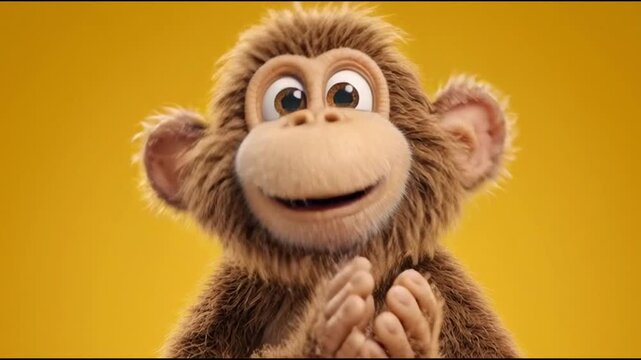 A happy cartoon monkey with big eyes and fluffy fur clapping its hands enthusiastically against a warm yellow background