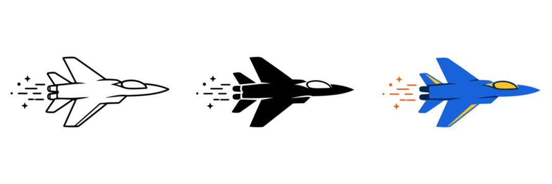 Modern fighter jet icon set with motion effects and different styles