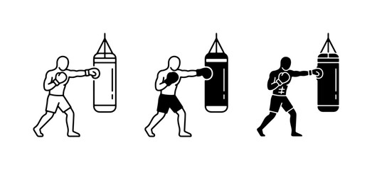 Obraz premium Boxing Punching Bag Icons, Silhouette, Line Art, Fitness Training