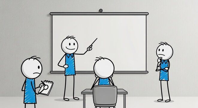 Stick figure cartoon classroom scene with teacher lecturing.