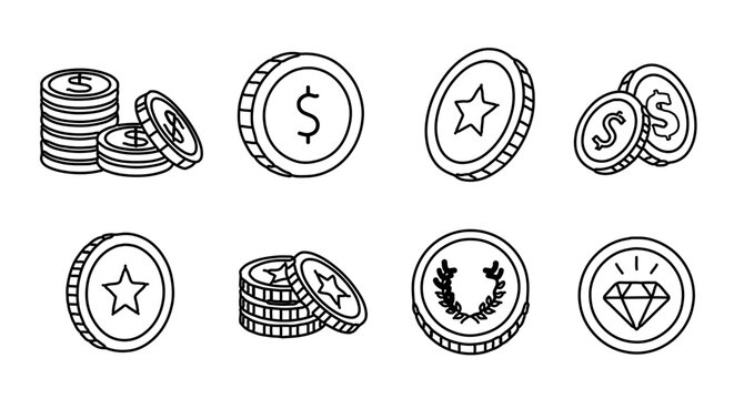 Set of line art icons featuring various coins, currency, and reward tokens