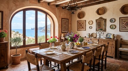 Fototapeta premium mediterranean, diningroom, terracotta, rustic, coastal, wooden, sunlight, elegant, ceramic, warm, interior, european, architecture, decor, stylish, natural, comfort, home, residence, atmosphere, vinta