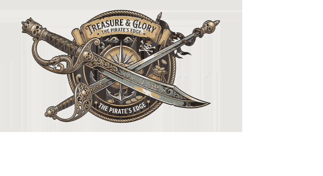 Vintage Pirate Emblem with Crossed Cutlasses and Compass Rose,Detailed vector illustration of a vintage pirate emblem featuring crossed cutlasses, a compass, anchor, and skulls. Gold and sepia tones w