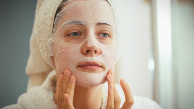 During her nightly skin-care routine, girl in a white robe stands before the bathroom mirror, towel wrapped around her head, smoothing an aloe-vera sheet mask over her face for a tight, hydrating fit