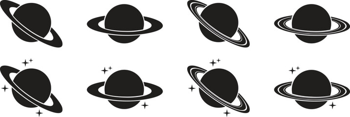 Planet and Saturn icons set, collection and group of space ringed planet symbols, astronomy galaxy elements, flat style, line style gradient vector illustration isolated on transparent background © WaQar