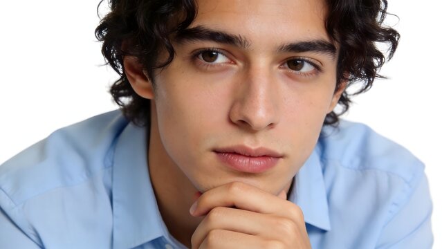 Young man with curly hair in blue shirt