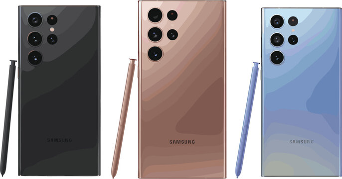 Modern smartphone with stylus pen vector illustration set, realistic mobile phones mockups on background