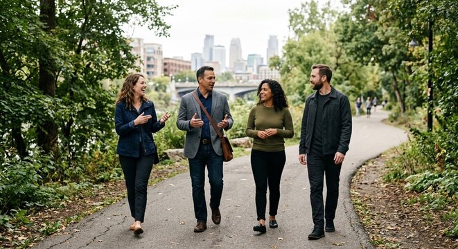 Coworkers taking a device-free walking meeting along an urban greenway