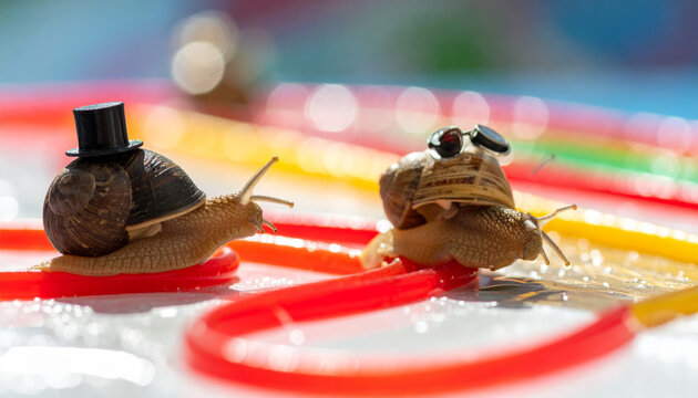 Two whimsical snails in a playful race, one wearing a tiny top hat and monocle, the other a propeller hat, on a colorful track