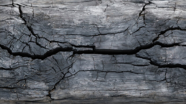 Charred grey driftwood log surface split by a deep dark central crack