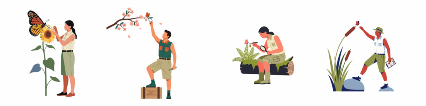 Collection of entomologists and naturalists in field gear studying, observing, and tagging butterflies in various outdoor natural environments.
