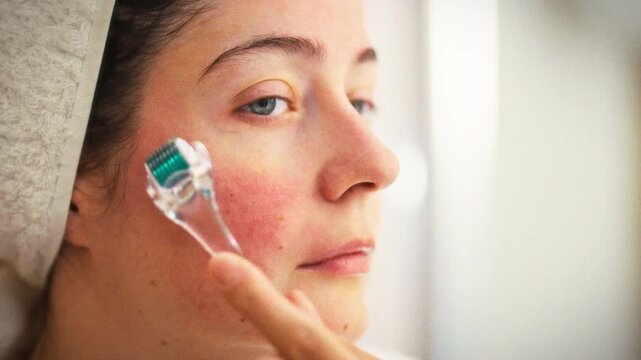Woman in white robe gently massages her face with microneedle derma roller before bathroom mirror, performing skin-care facial massage that stimulates collagen refines texture in treatment routine
