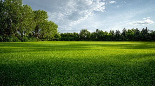 Lush green field bathed in sunlight with a line of trees in distance