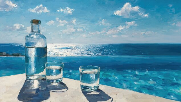 A clear bottle and glasses of water sit poolside at the ocean