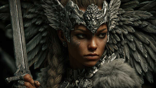 Fantasy wallpaper. A detailed digital artwork depicts a female warrior in a dramatic pose. She wears ornate silver headdress with intricate patterns and feathers. Her skin is a rich brown.