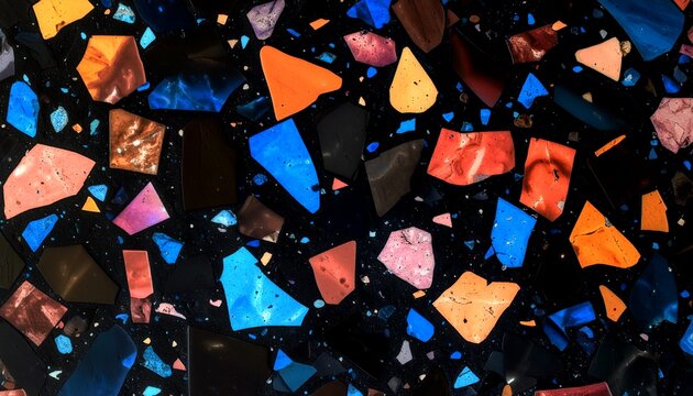 seamless colorful terrazzo floor texture dark black blue orange quartz cement abstract retro pattern background