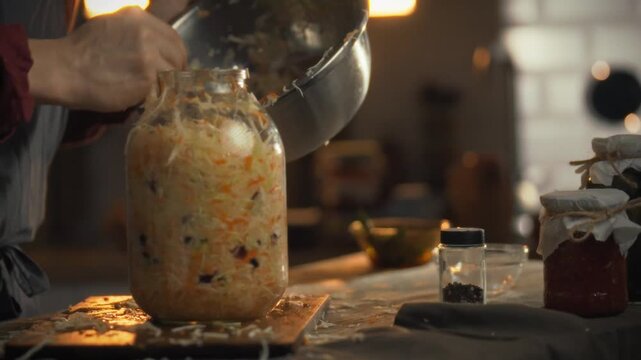 A chef carefully crafts sauerkraut in a warm kitchen, filling a clear jar with shredded cabbage, carrots, and seasonings, kickstarting the sour fermentation process for a fresh, healthy meal
