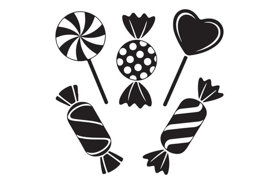 Black and white candy silhouettes on transparent background